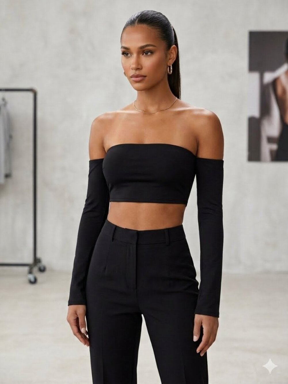 SHEIN Black Ribbed Off-Shoulder Crop Top Petite L